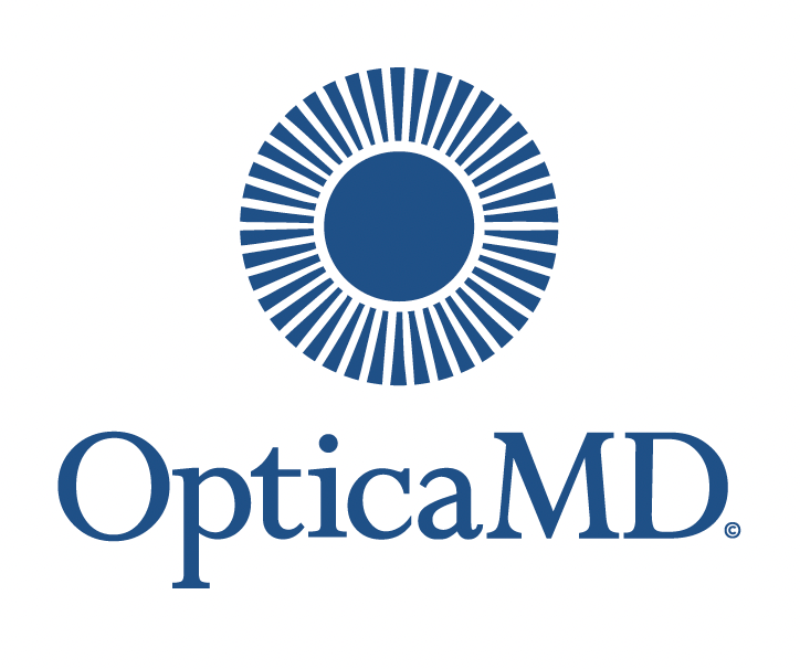 OpticaMD logo with blue circular design and text on a white background
